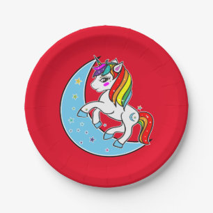 Rainbow Celestial Blue Moon & Stars Unicorn Paper Plates