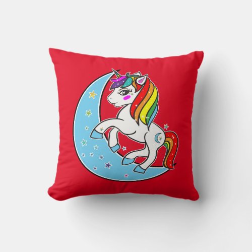 Rainbow Celestial Blue Moon  Stars Unicorn Throw Pillow
