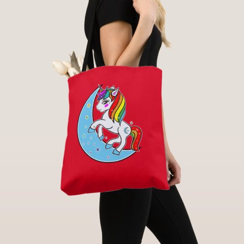 Rainbow Celestial Blue Moon  Stars Unicorn Tote Bag