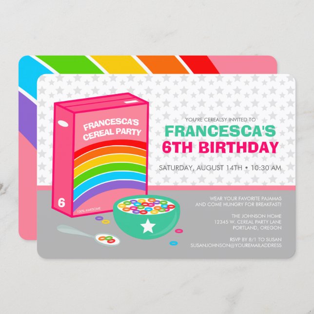 Rainbow Cereal Birthday Party Invitation (Front/Back)