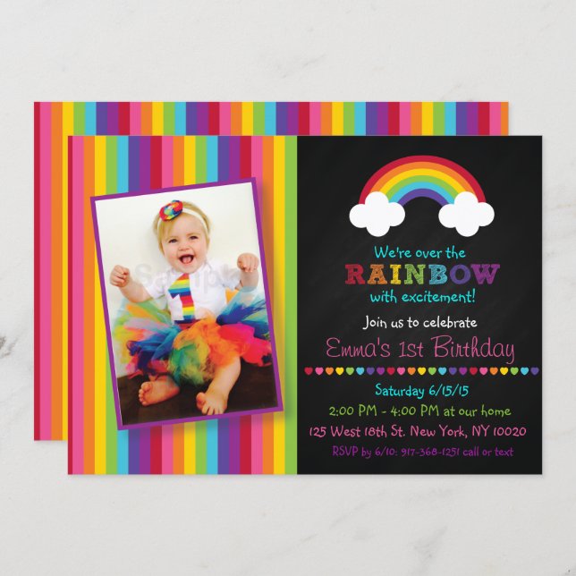 Rainbow Chalkboard 1st Birthday Invitation (Front/Back)
