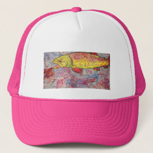 rainbow chasing fly trucker hat