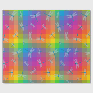 Rainbow Check with Dragonflies Wrapping Paper