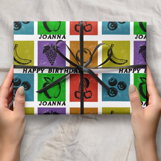 Rainbow Checker Fruit Stamps Happy Birthday Name  Wrapping Paper (Creator Uploaded)