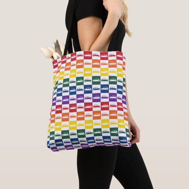 Rainbow Checkerboard Mini Cooper Tote Bag (Close Up)