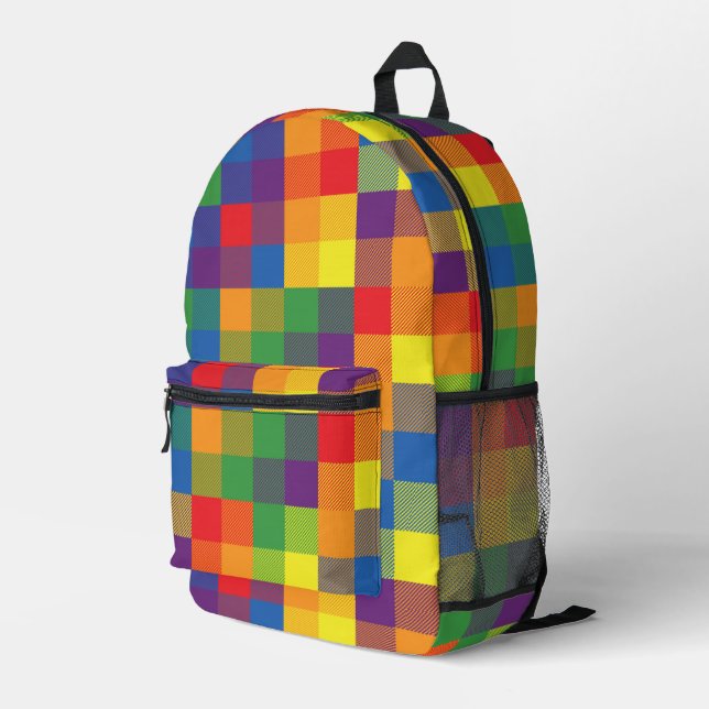 Rainbow Checkerboard Plaid Pride Colors Printed Backpack (Back Corner Right)