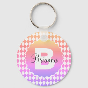 Rainbow Checkerboard with Monogram Name    Keychain