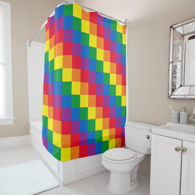 Rainbow Checkered Shower Curtain (In Situ)