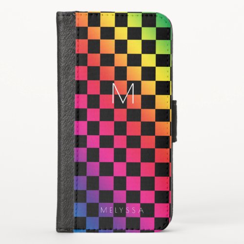 Rainbow Checkers Name and Monogram iPhone X Wallet Case