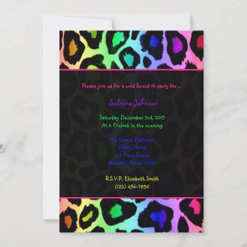 Rainbow Cheetah Wild Sweet 16 Birthday Party Invitation