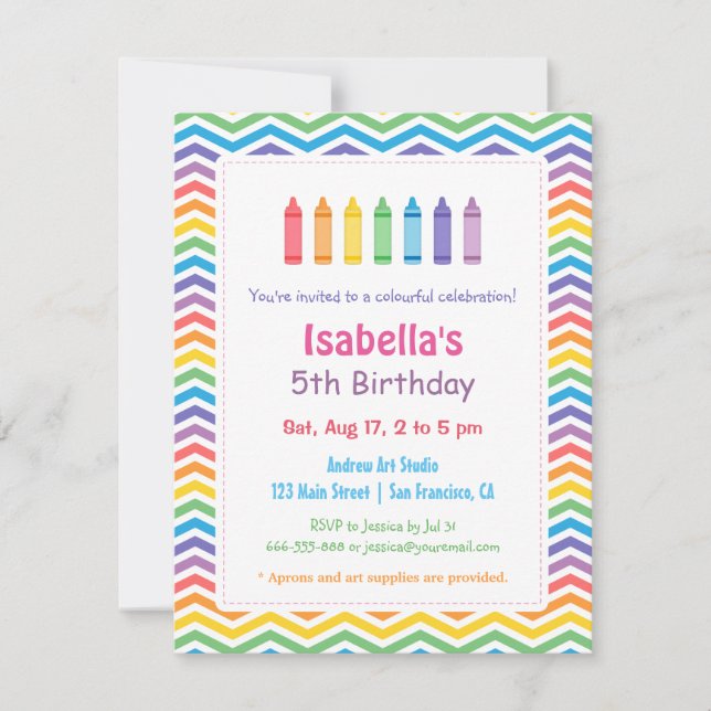 Rainbow Chevron Crayons Arts Kids Birthday Party Invitation (Front)