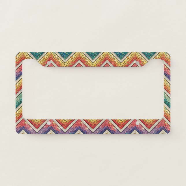Rainbow Chevron Mosaic – Colorful Geometric Tile License Plate Frame (Front)