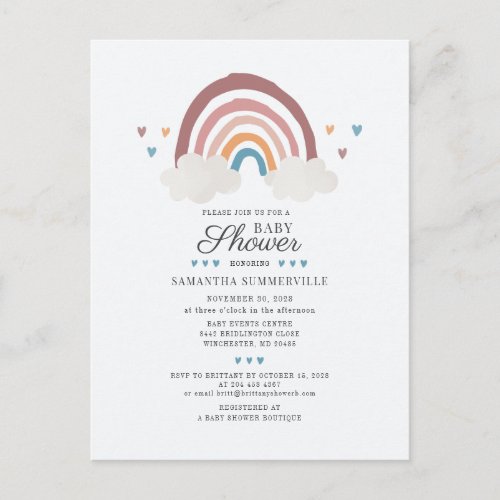  Rainbow Chic Boho Watercolor Script Baby Shower Invitation Postcard