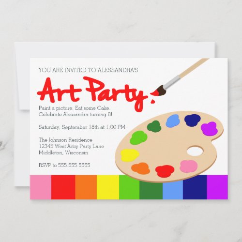 Rainbow Childrens Art Party Birthday Invitation