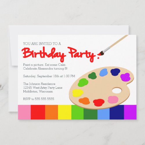 Rainbow Artist Palette Painting Birthday Party Invitation