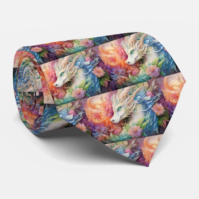 Rainbow Chinese Dragon Pattern Neck Tie (Rolled)