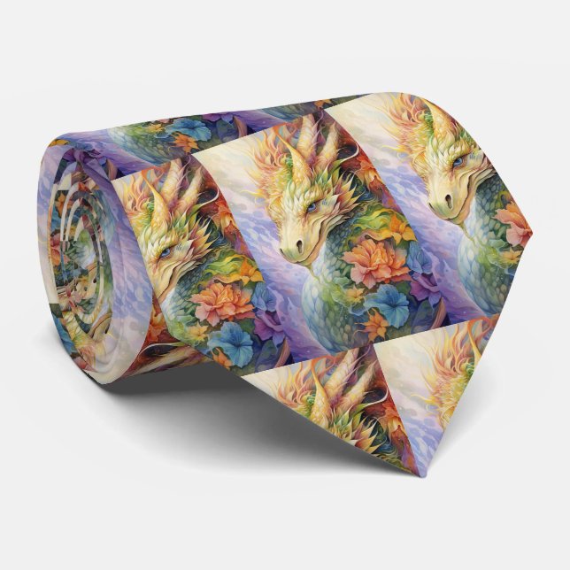 Rainbow Chinese Dragon Pattern Neck Tie (Rolled)