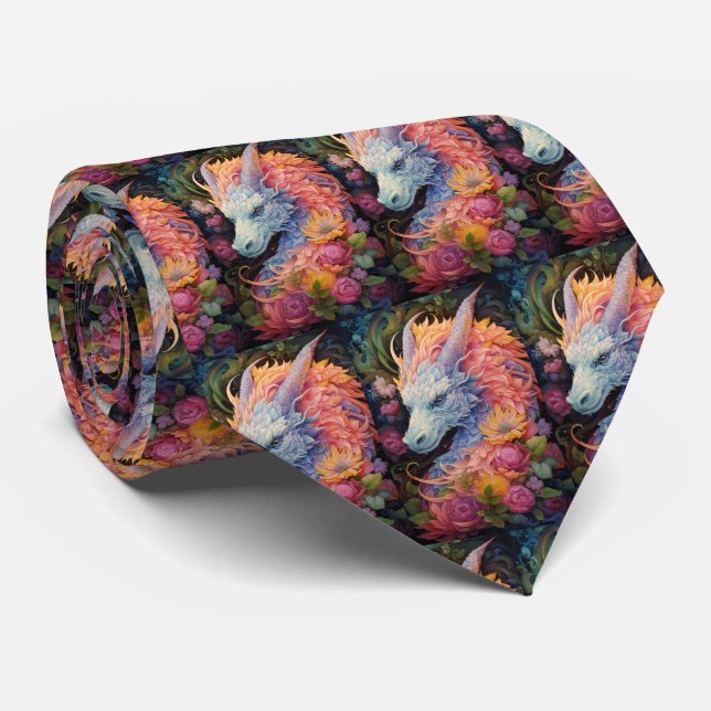 Rainbow Chinese Dragon Pattern Neck Tie (Rolled)