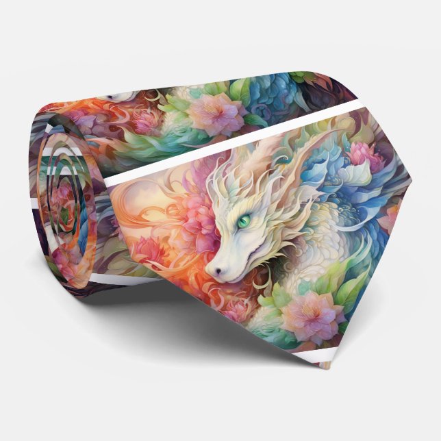 Rainbow Chinese Dragon Pattern Neck Tie (Rolled)