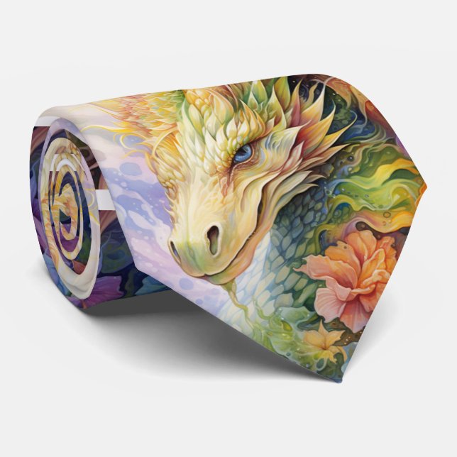 Rainbow Chinese Dragon Pattern Neck Tie (Rolled)