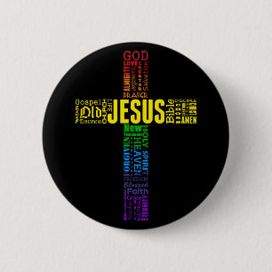 Rainbow Christian Word Cross - Jesus Faith Bible Button