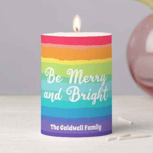 Rainbow Christmas Be Merry and Bright Pillar Candle