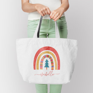 Rainbow Christmas colorful cute fun personalized T Large Tote Bag