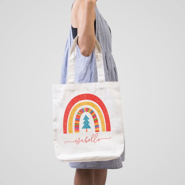 Rainbow Christmas colorful cute fun personalized Tote Bag (Creator Uploaded)