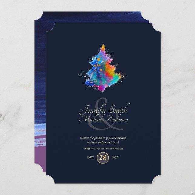 Rainbow Christmas Tree COUPLES Event Navy Invitation (Front/Back)