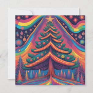 Rainbow Christmas Tree Forest and Ornaments Holiday Card