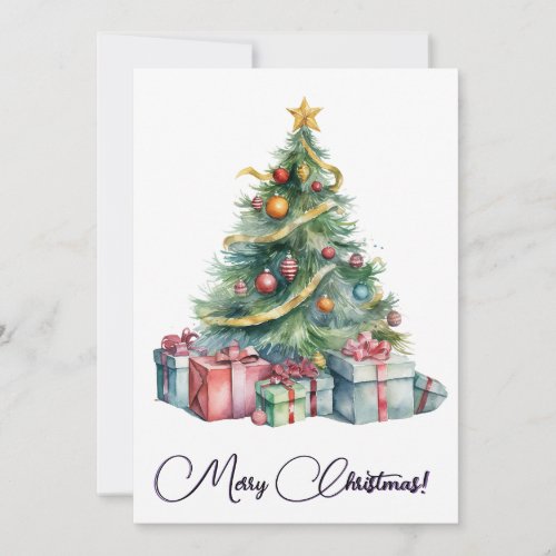 Rainbow Christmas Tree Watercolor Art Holiday Card