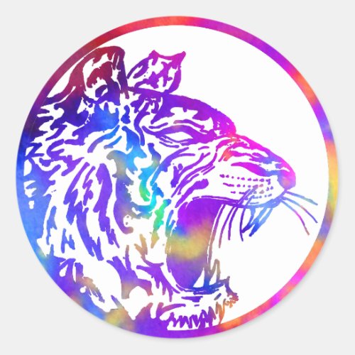 Rainbow Circle Tiger Head Classic Round Sticker