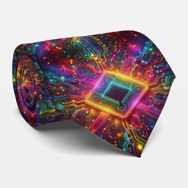 Rainbow Circuit Board Necktie – Colorful Tech Geek (Rolled)