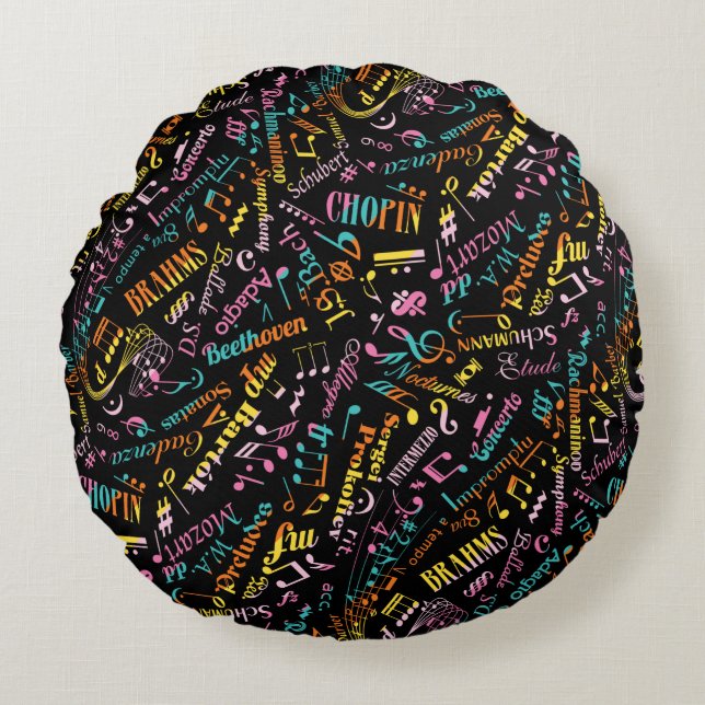 Rainbow Classical Music Composers Notation Round Pillow (Front)