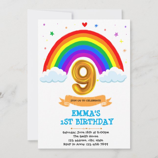Rainbow cloud 9th birthday invitation (Front)