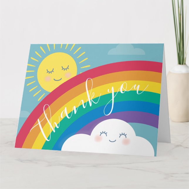 Rainbow Cloud and Sun Birthday Thank You Card (Front)