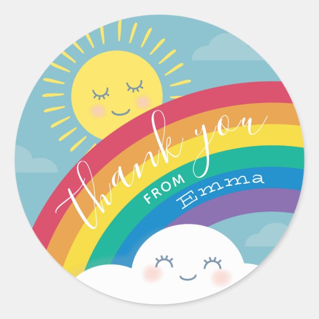 Rainbow Cloud and Sun Thank You Favor Stickers (Front)