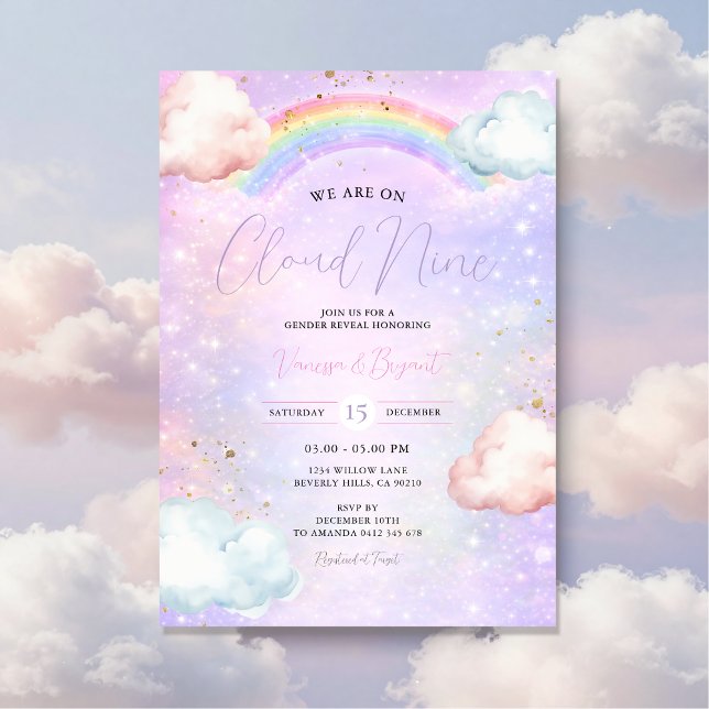 Rainbow Cloud Blush Gender Reveal Glitter Invitation (Creator Uploaded)