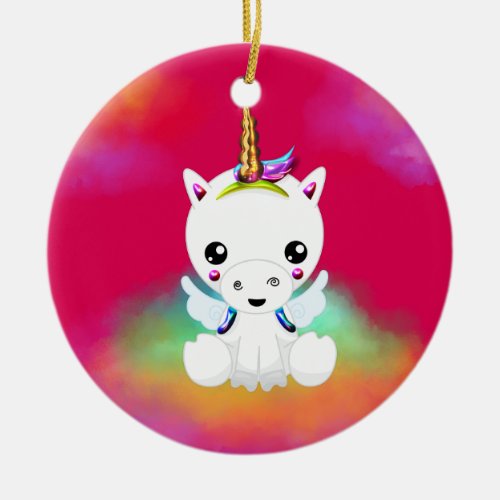 Rainbow Cloud Crimson Unicorn Ceramic Ornament