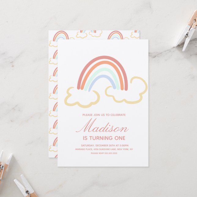 Rainbow Cloud Doodle  Colorful Rustic Invitation (Front/Back In Situ)