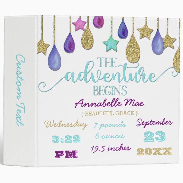 Rainbow Cloud Gold Birth Stats Baby Scrapbook 3 Ring Binder (Front/Spine)