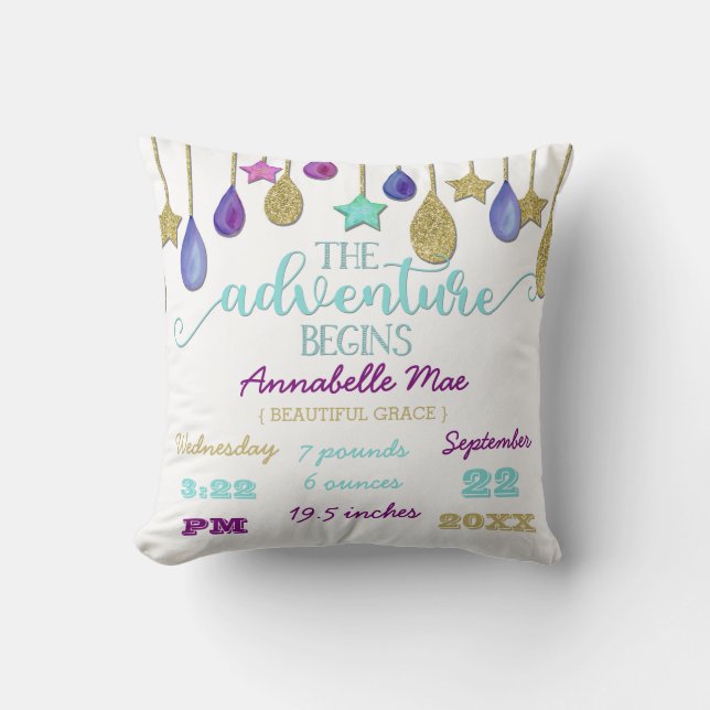 Rainbow Cloud Gold Glitter Baby Girl Birth Stats Throw Pillow (Front)