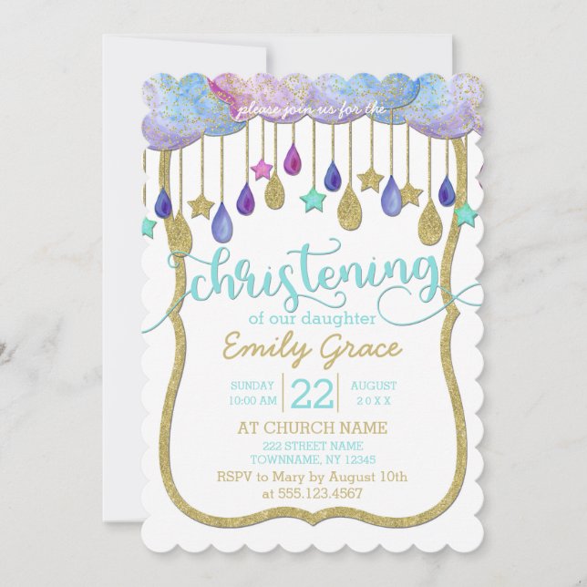 Rainbow Cloud Gold Glitter Christening Invitation (Front)