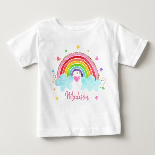Rainbow Cloud Hearts Pink Gold Birthday Baby T_Shirt