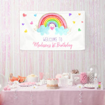 Rainbow Cloud Hearts Pink Gold Birthday Banner
