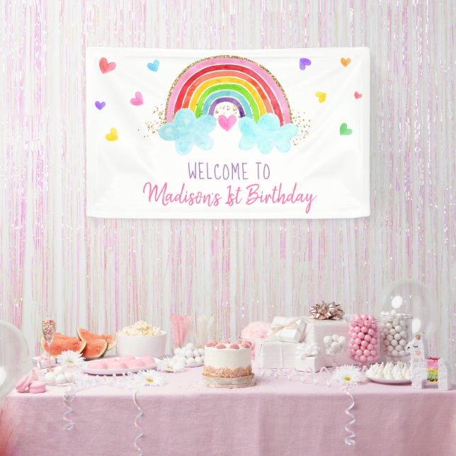 Rainbow Cloud Hearts Pink Gold Birthday Banner (Party)