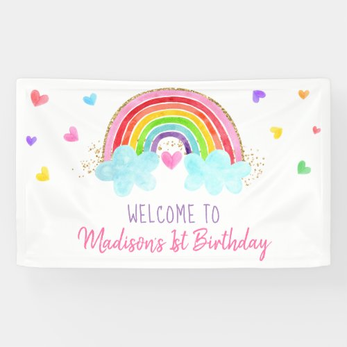 Rainbow Cloud Hearts Pink Gold Birthday Banner