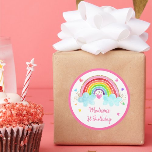 Rainbow Cloud Hearts Pink Gold Birthday Classic Round Sticker