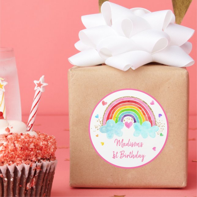 Rainbow Cloud Hearts Pink Gold Birthday Classic Round Sticker (Party)