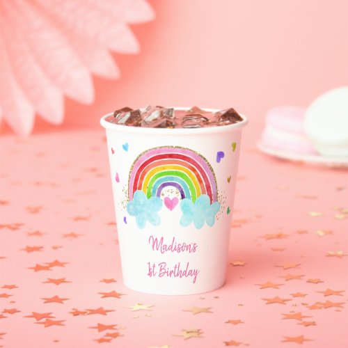 Rainbow Cloud Hearts Pink Gold Birthday Paper Cups